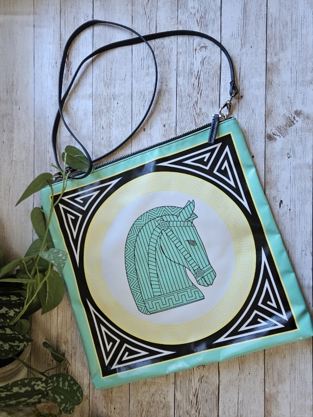 Jonathan Adler square crossbody bag tote features a graphic equestrian horse kno